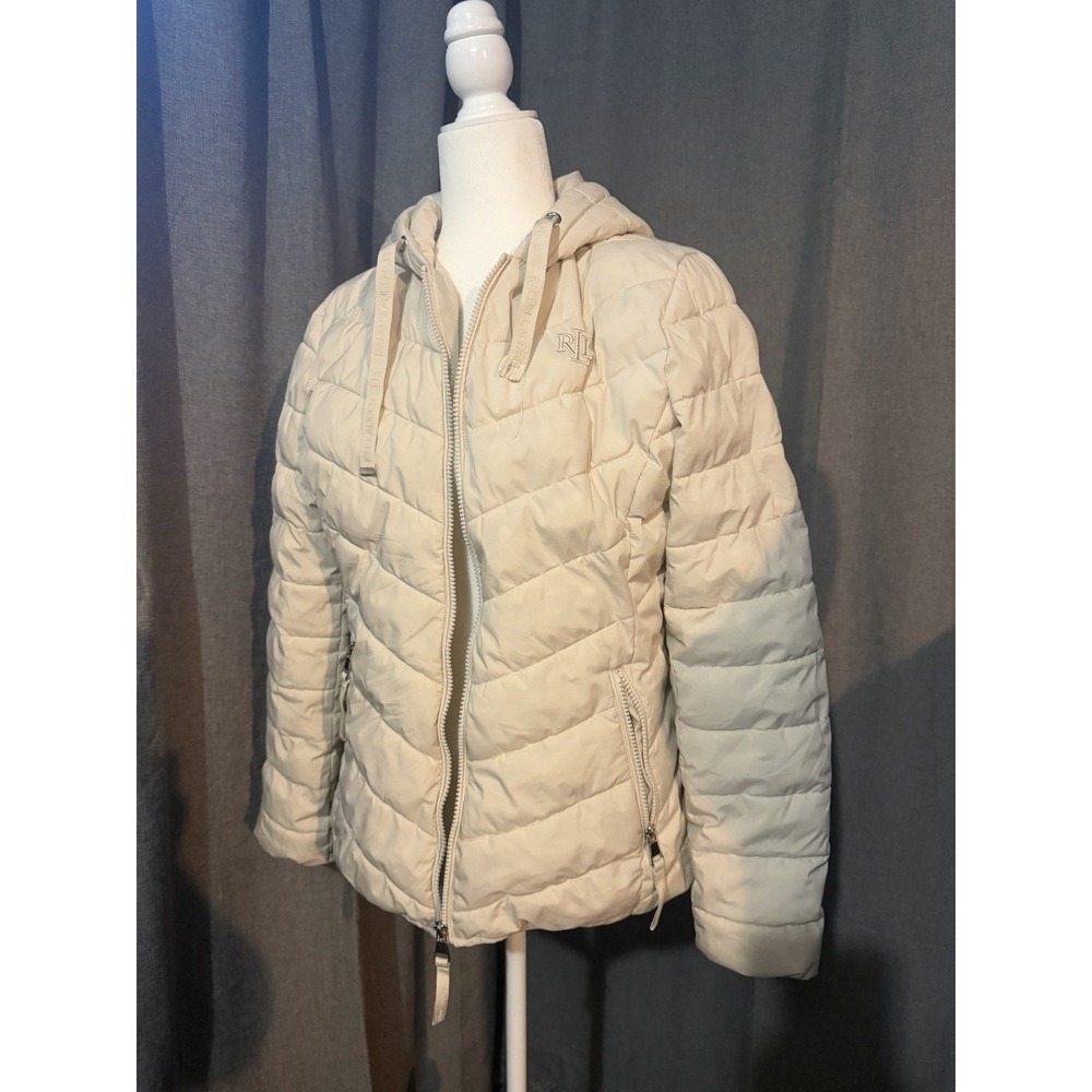 Lauren Ralph Lauren Womens Cream Quilted Puffer Jacket Hooded RLL Monogram M